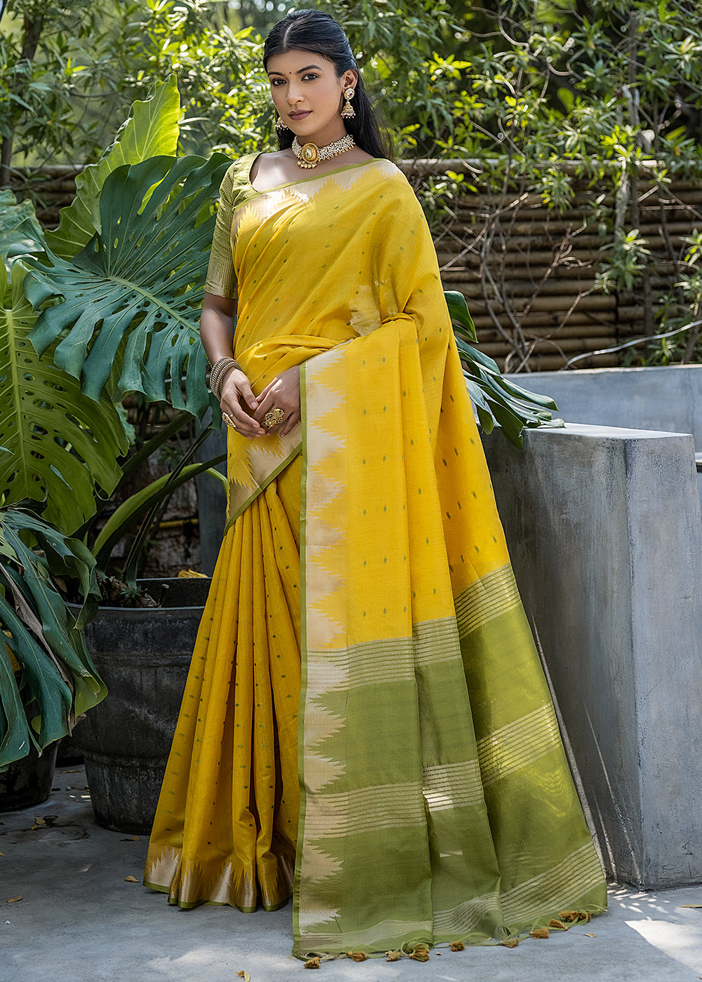 Cadmium Yellow Zari Woven Triangle Border Raw Silk Saree with Butti Overall - qivii
