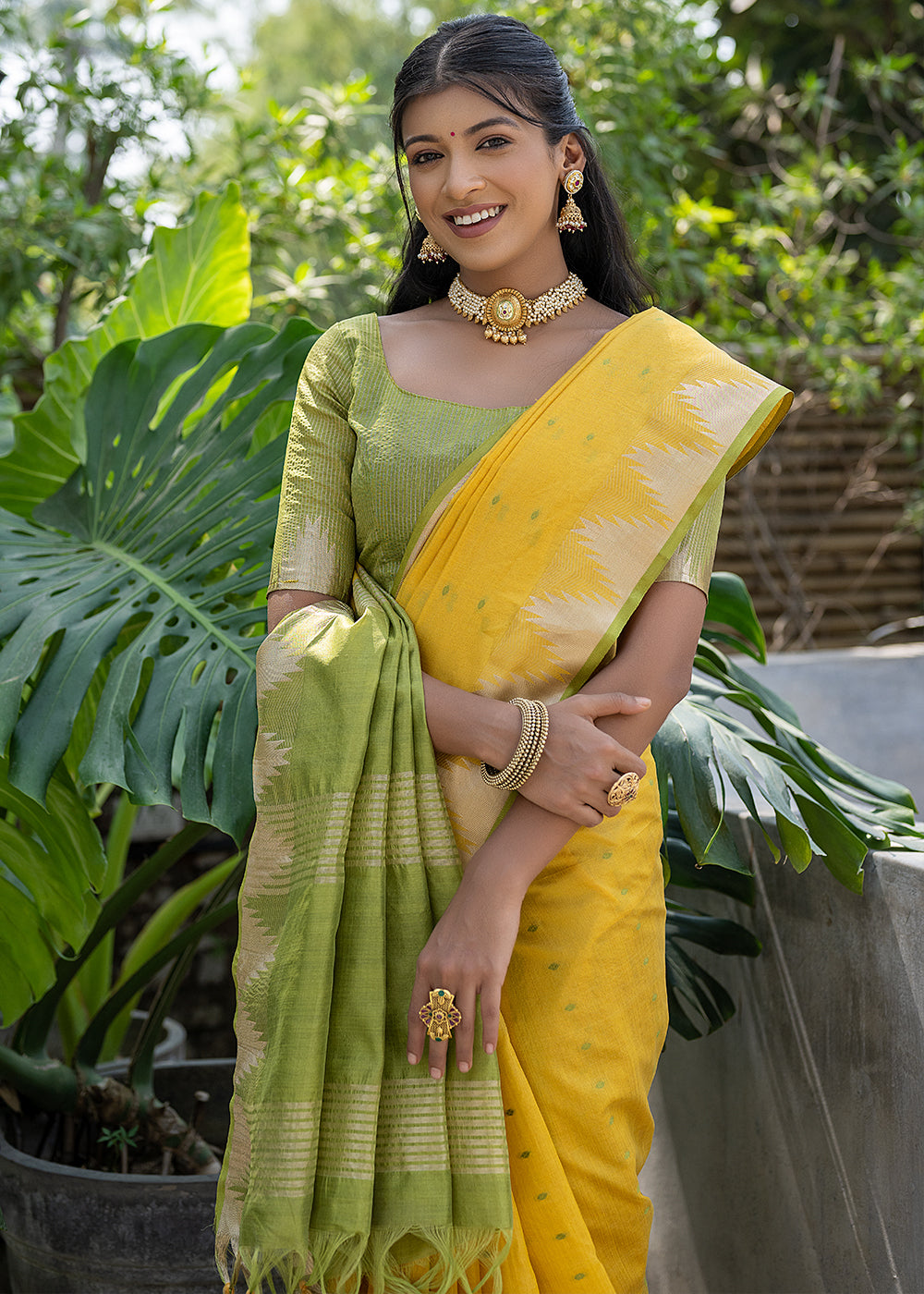 Cadmium Yellow Zari Woven Triangle Border Raw Silk Saree with Butti Overall - qivii