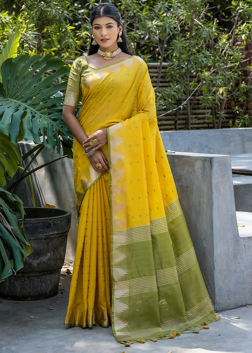 Cadmium Yellow Zari Woven Triangle Border Raw Silk Saree with Butti Overall - qivii