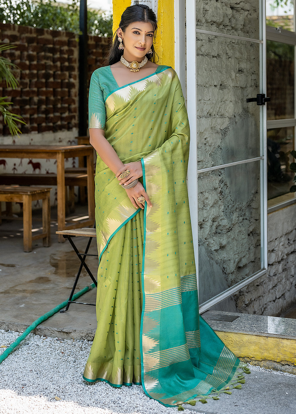 Mantis Green Zari Woven Triangle Border Raw Silk Saree with Butti Overall - qivii