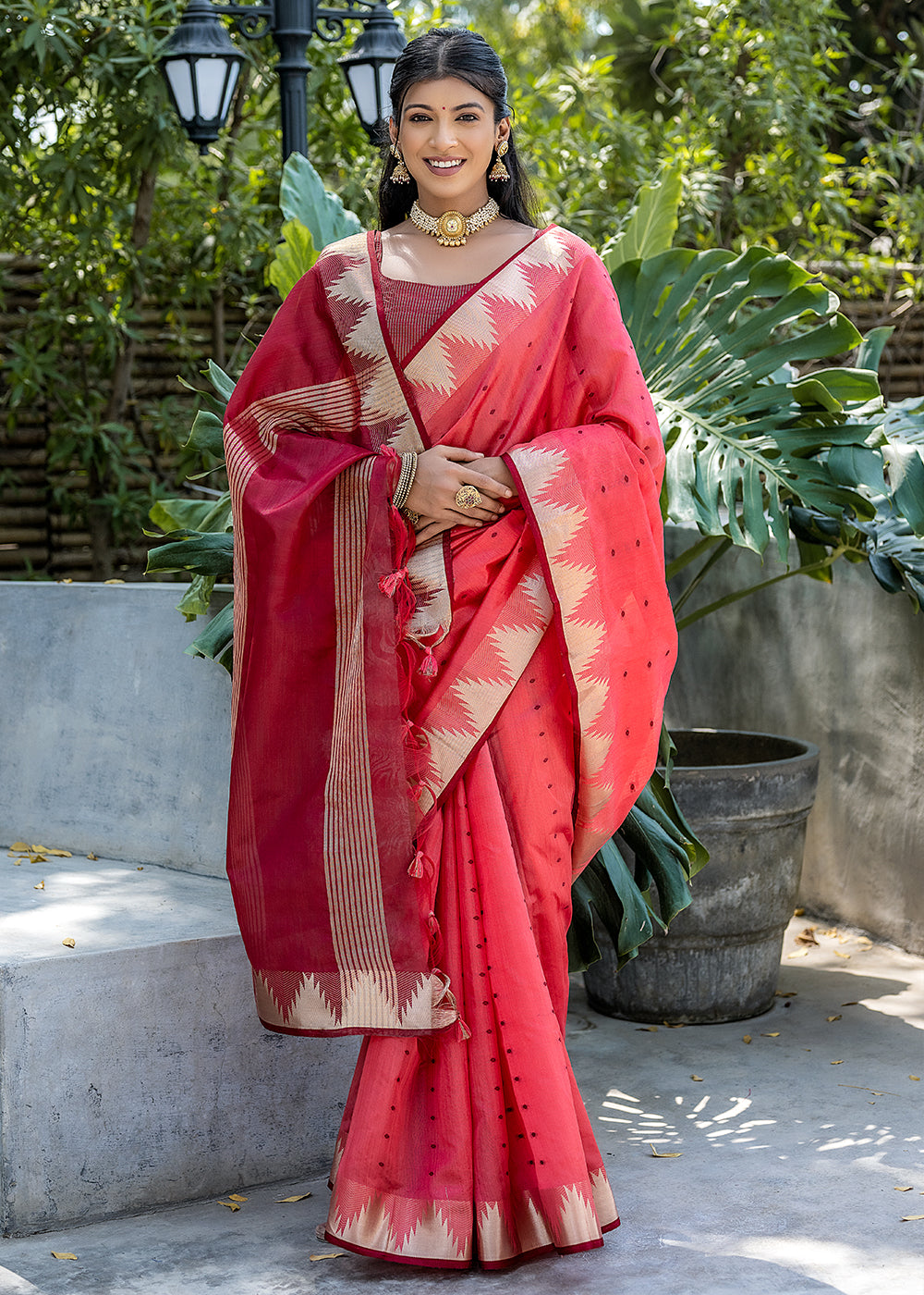 Watermelon Pink Zari Woven Triangle Border Raw Silk Saree with Butti Overall - qivii