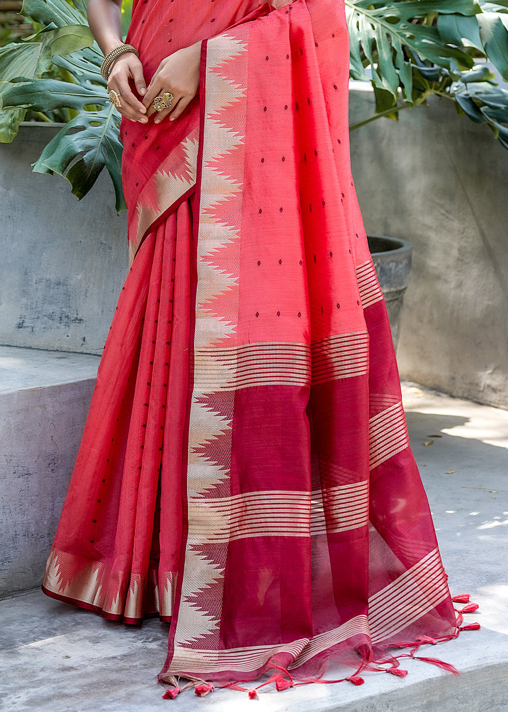 Watermelon Pink Zari Woven Triangle Border Raw Silk Saree with Butti Overall - qivii