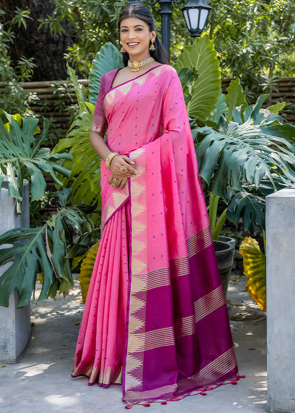 Ultra Pink Zari Woven Triangle Border Raw Silk Saree with Butti Overall - qivii