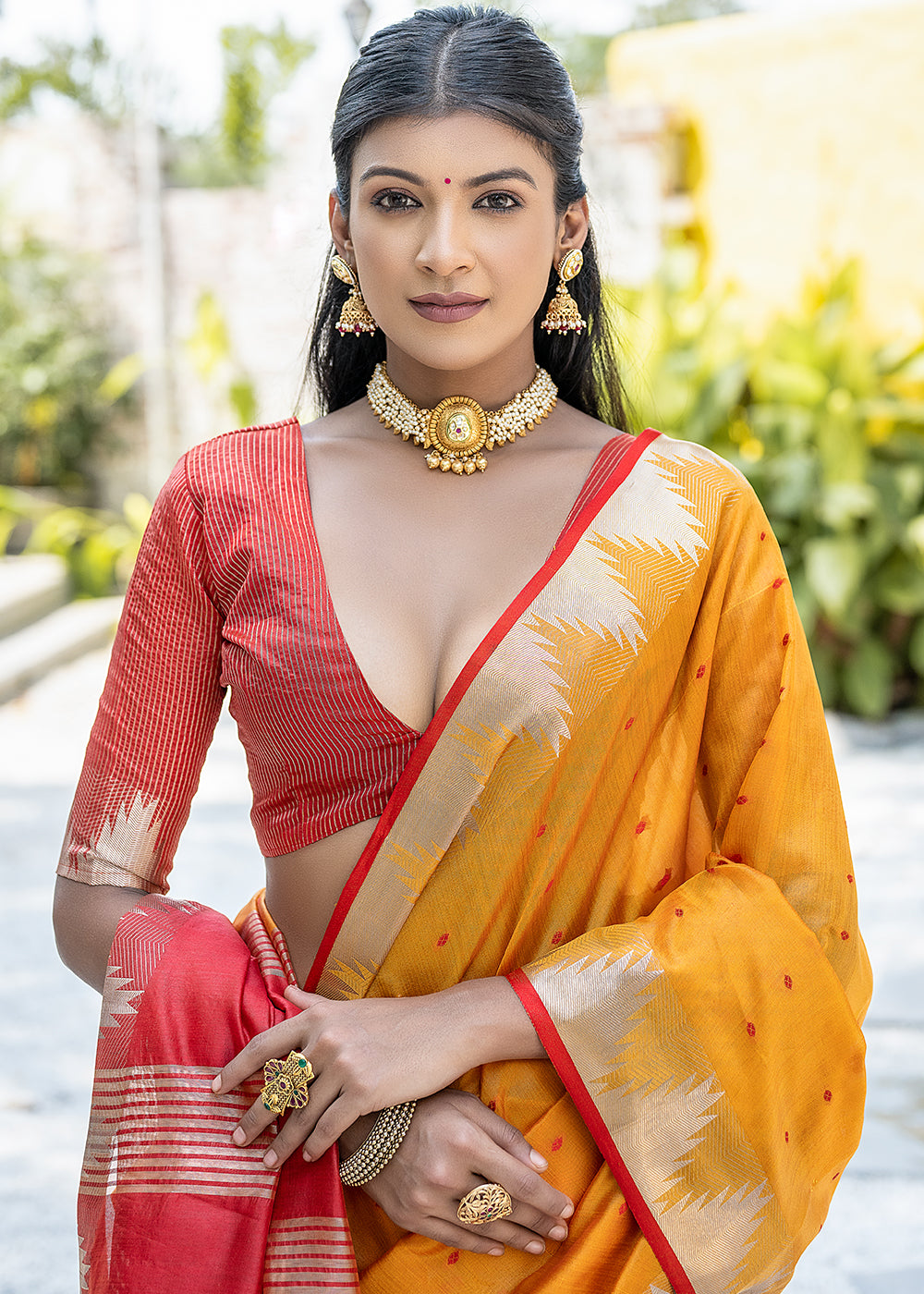 Saffron Yellow Zari Woven Triangle Border Raw Silk Saree with Butti Overall - qivii