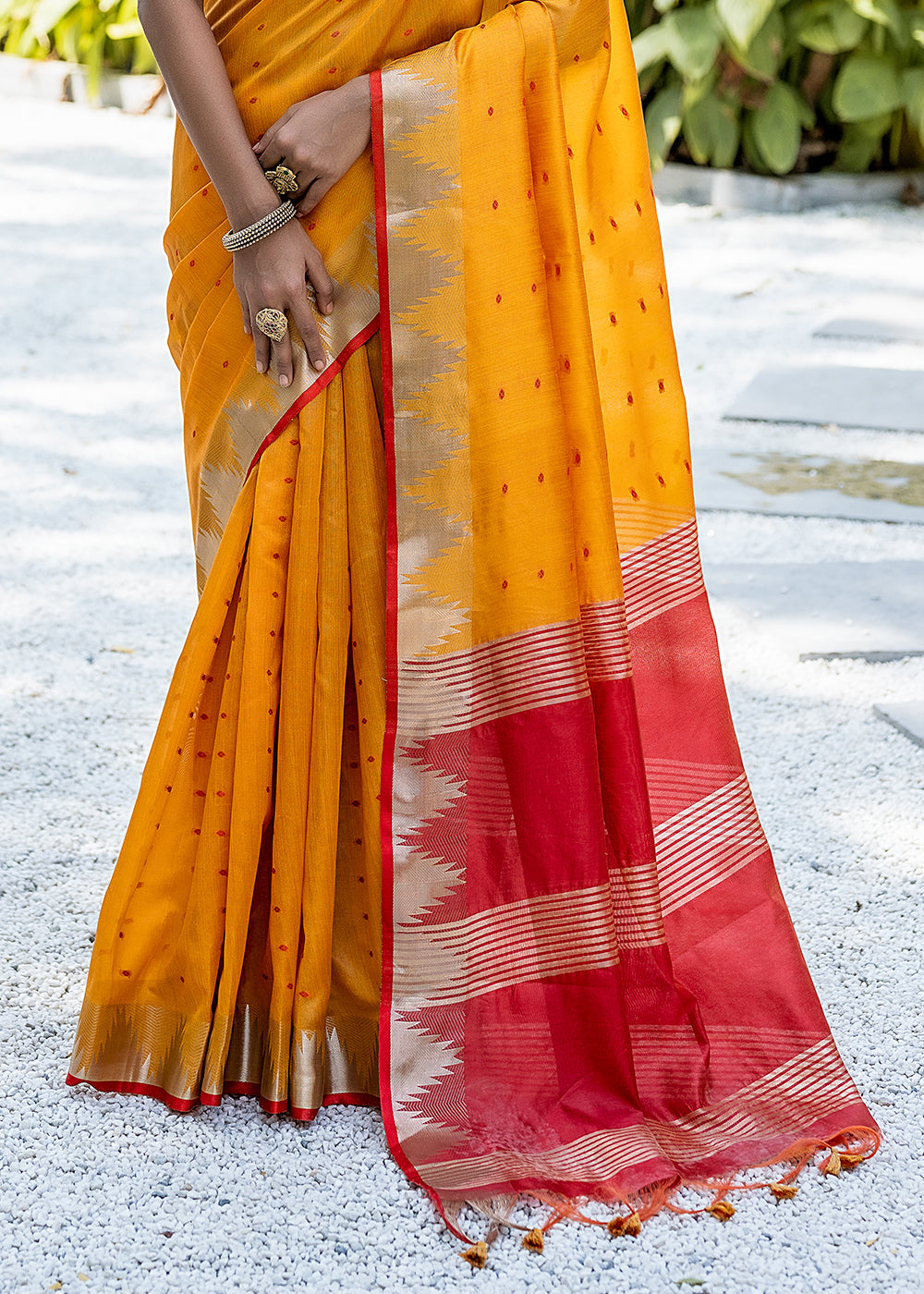 Saffron Yellow Zari Woven Triangle Border Raw Silk Saree with Butti Overall - qivii