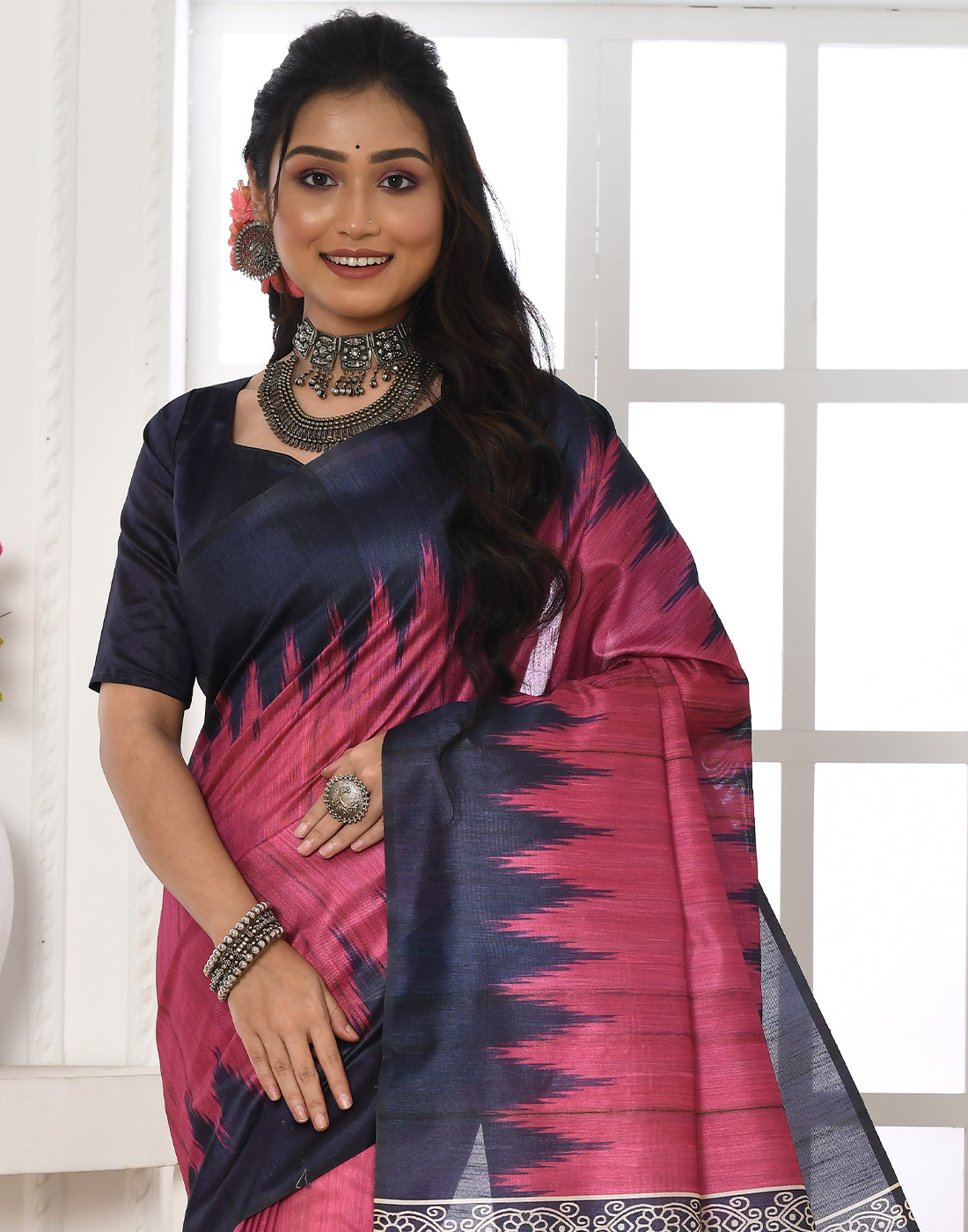 Fuschia Rose Pink Tussar Silk Temple Print Saree - qivii