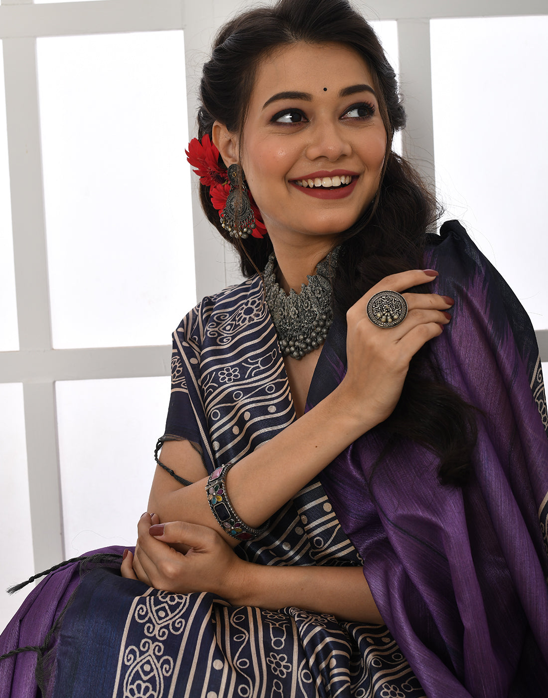 Midnight Purple Tussar Silk Temple Print Saree - qivii