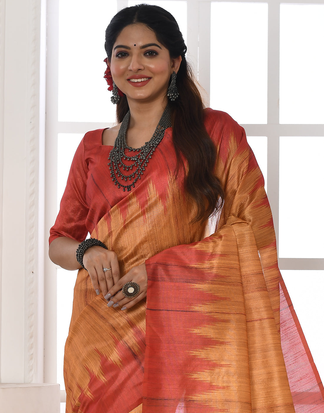 Amber Yellow Tussar Silk Temple Print Saree - qivii