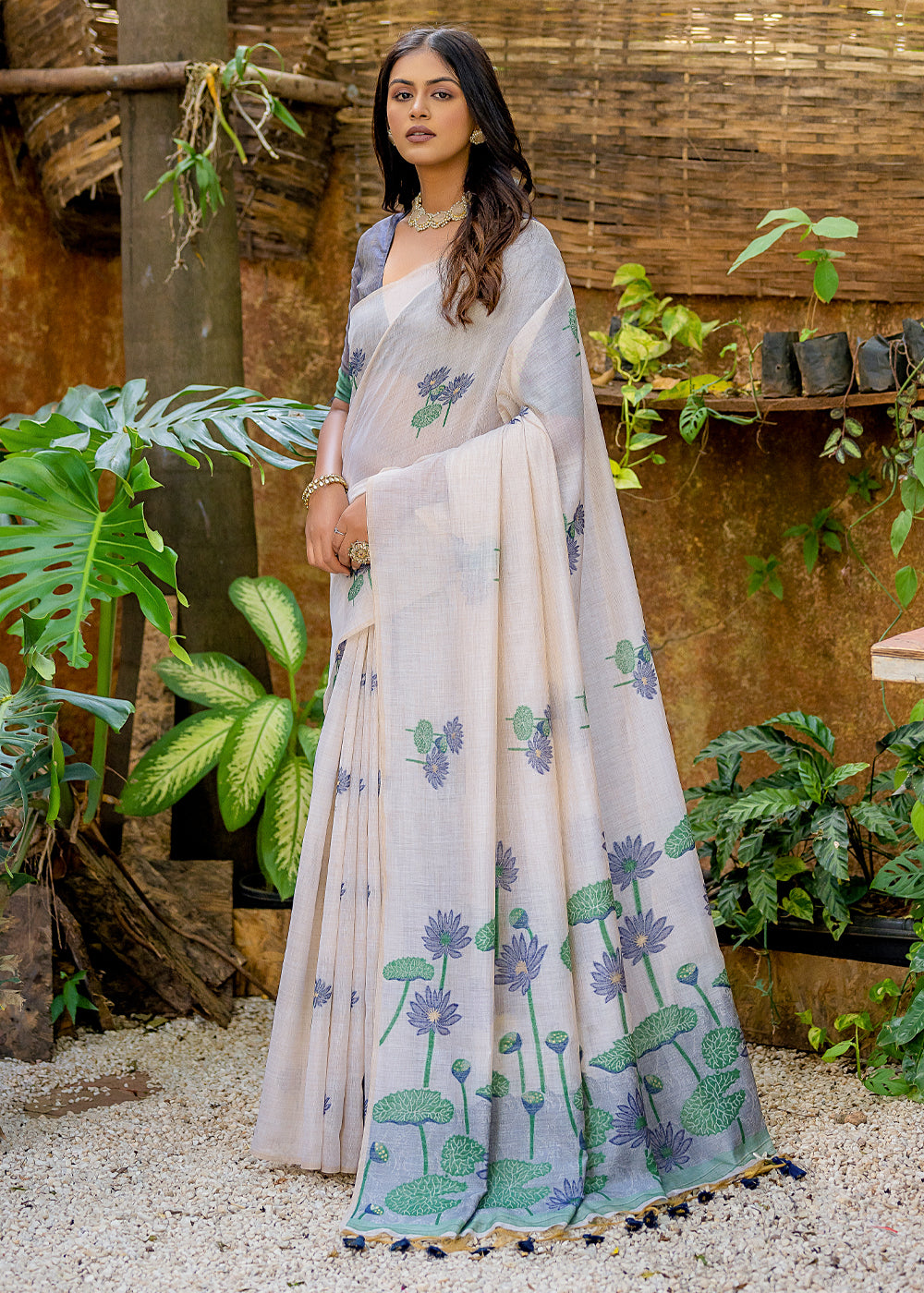 White & Blue Muga Cotton Saree with Woven Pallu & All Over Butti work - qivii
