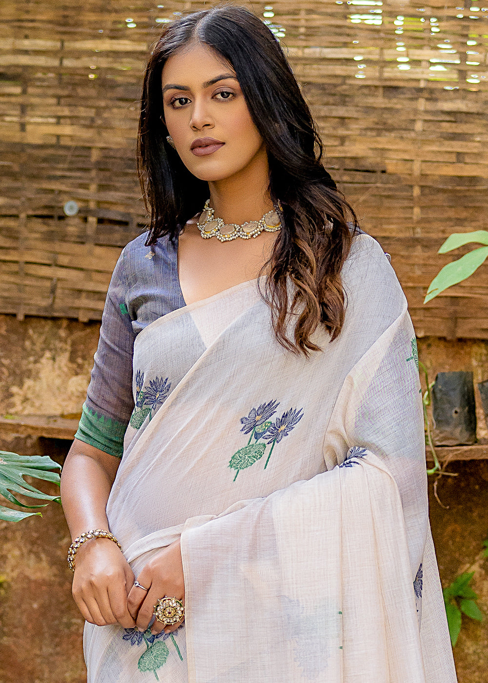 White & Blue Muga Cotton Saree with Woven Pallu & All Over Butti work - qivii