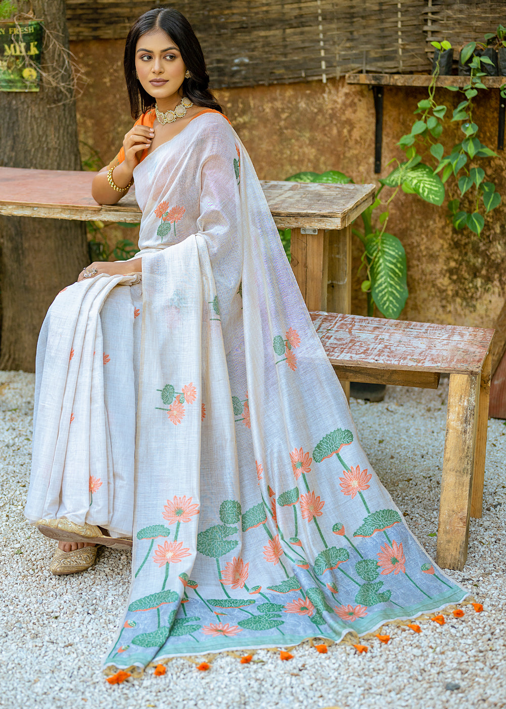 White & Orange Muga Cotton Saree with Woven Pallu & All Over Butti work - qivii