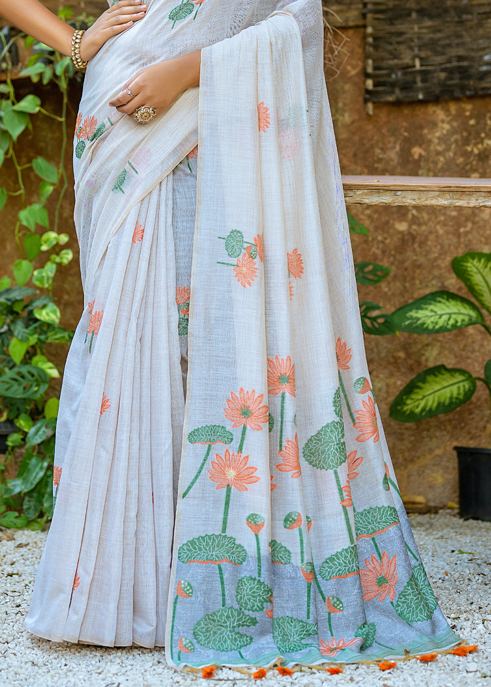 White & Orange Muga Cotton Saree with Woven Pallu & All Over Butti work - qivii