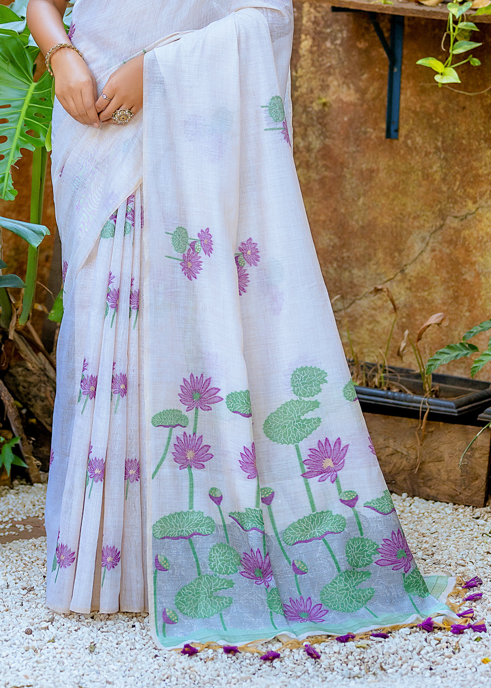 White & Purple Muga Cotton Saree with Woven Pallu & All Over Butti work - qivii