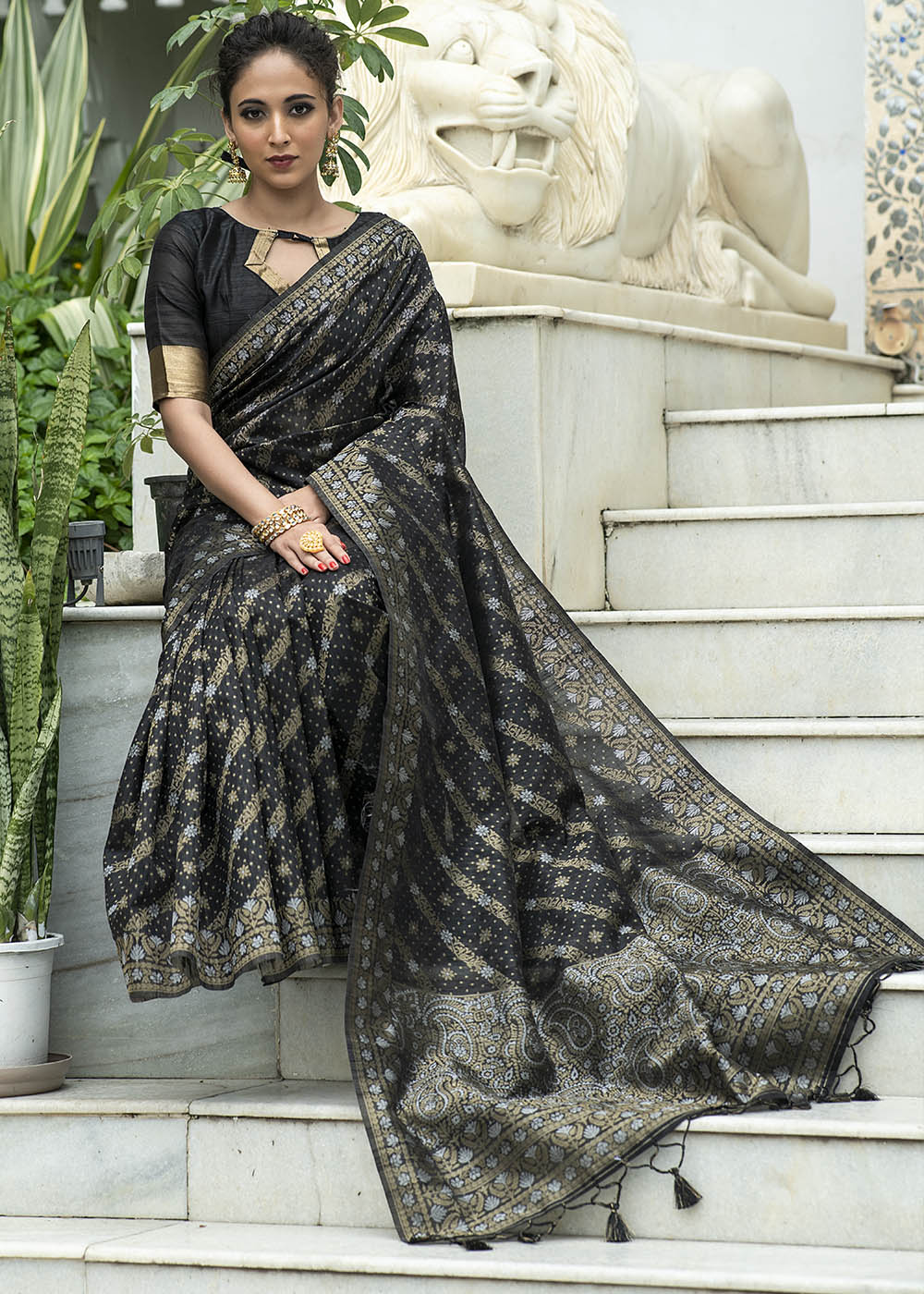 Soot Black Zari Woven Tussar Silk Saree with Tassels on Pallu - qivii