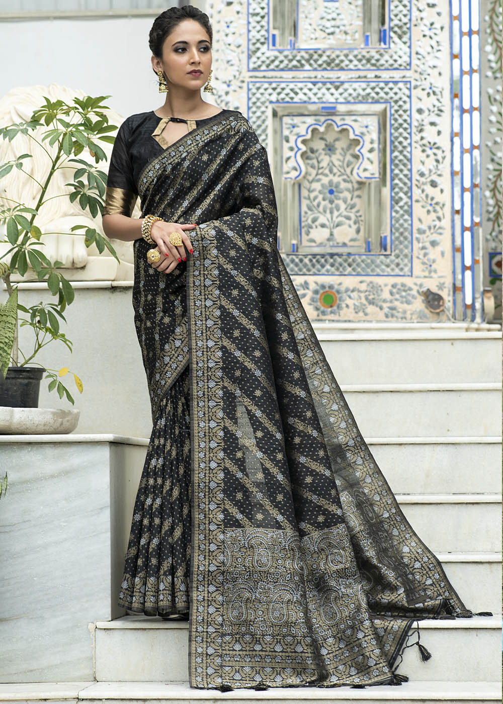 Soot Black Zari Woven Tussar Silk Saree with Tassels on Pallu - qivii