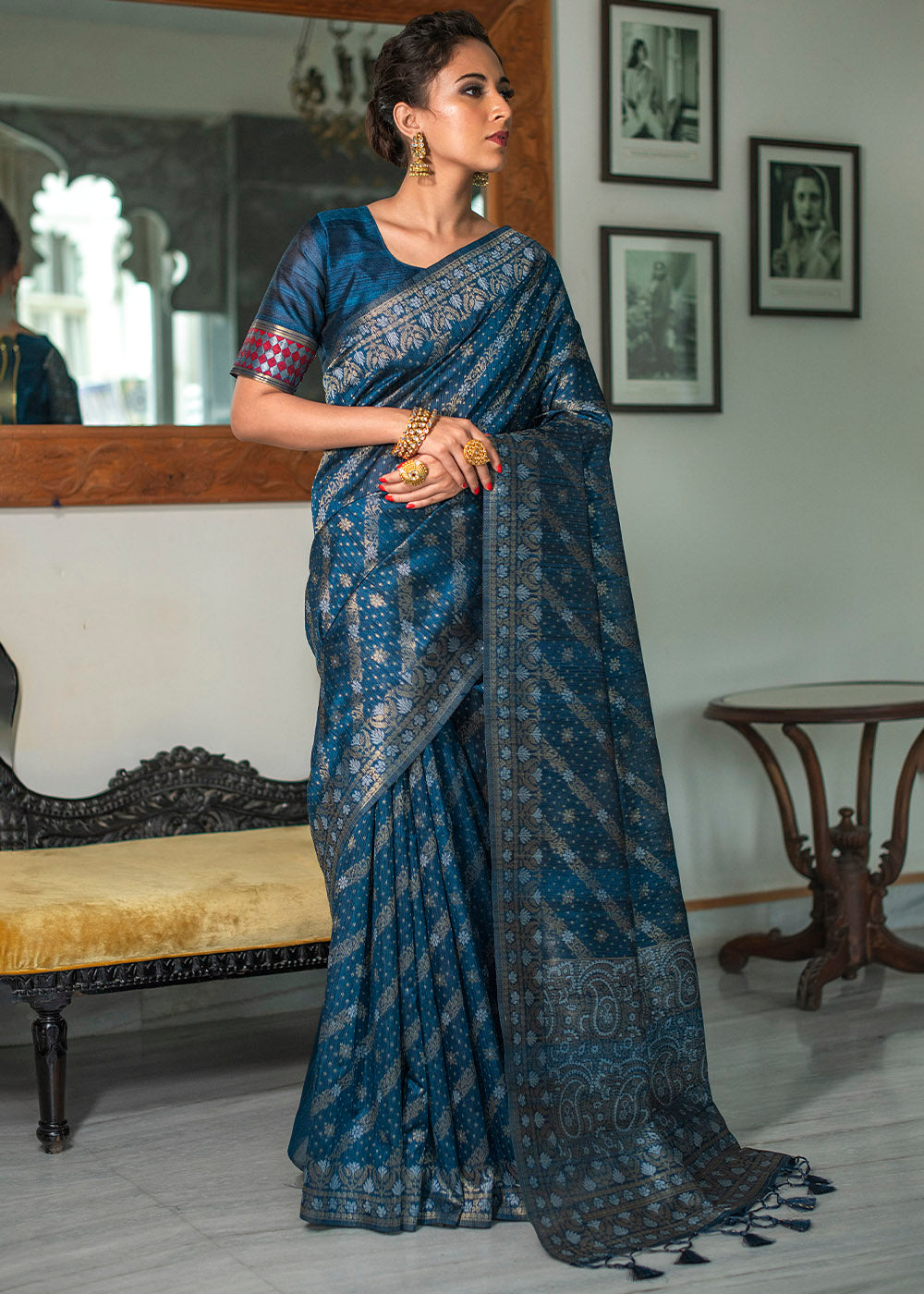 Prussian Blue Zari Woven Tussar Silk Saree with Tassels on Pallu - qivii