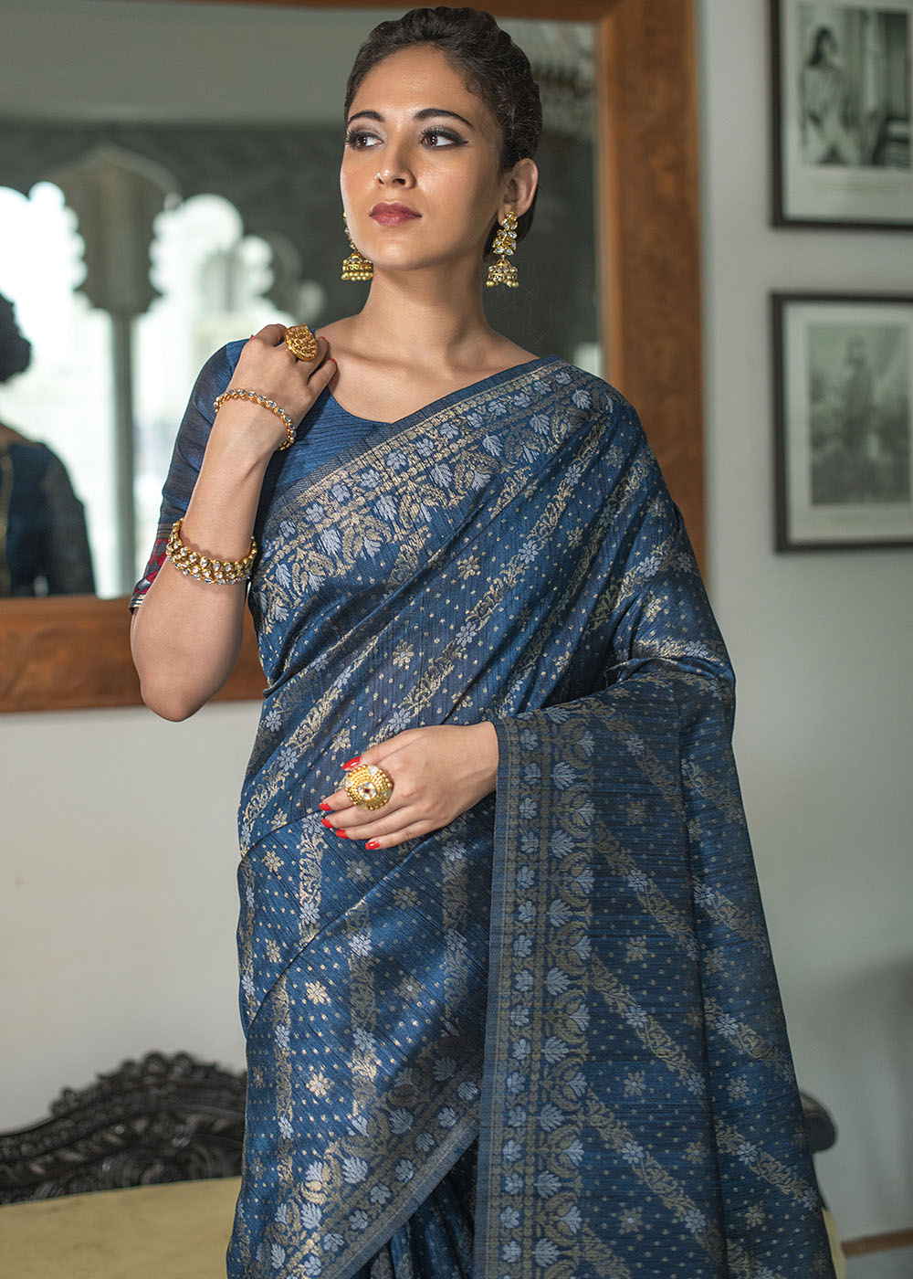 Prussian Blue Zari Woven Tussar Silk Saree with Tassels on Pallu - qivii