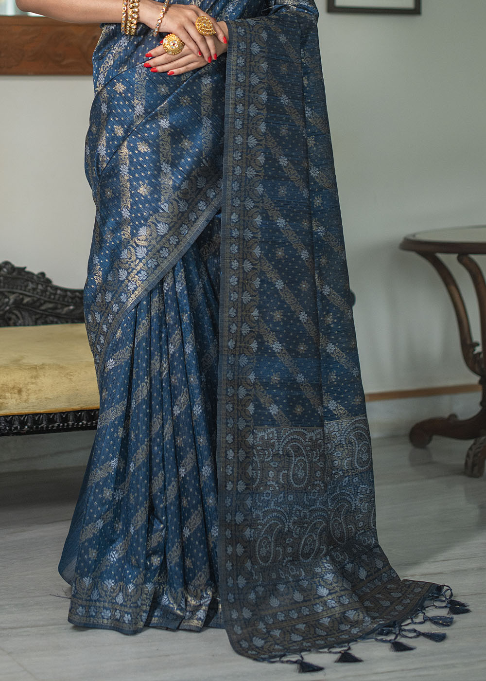 Prussian Blue Zari Woven Tussar Silk Saree with Tassels on Pallu - qivii