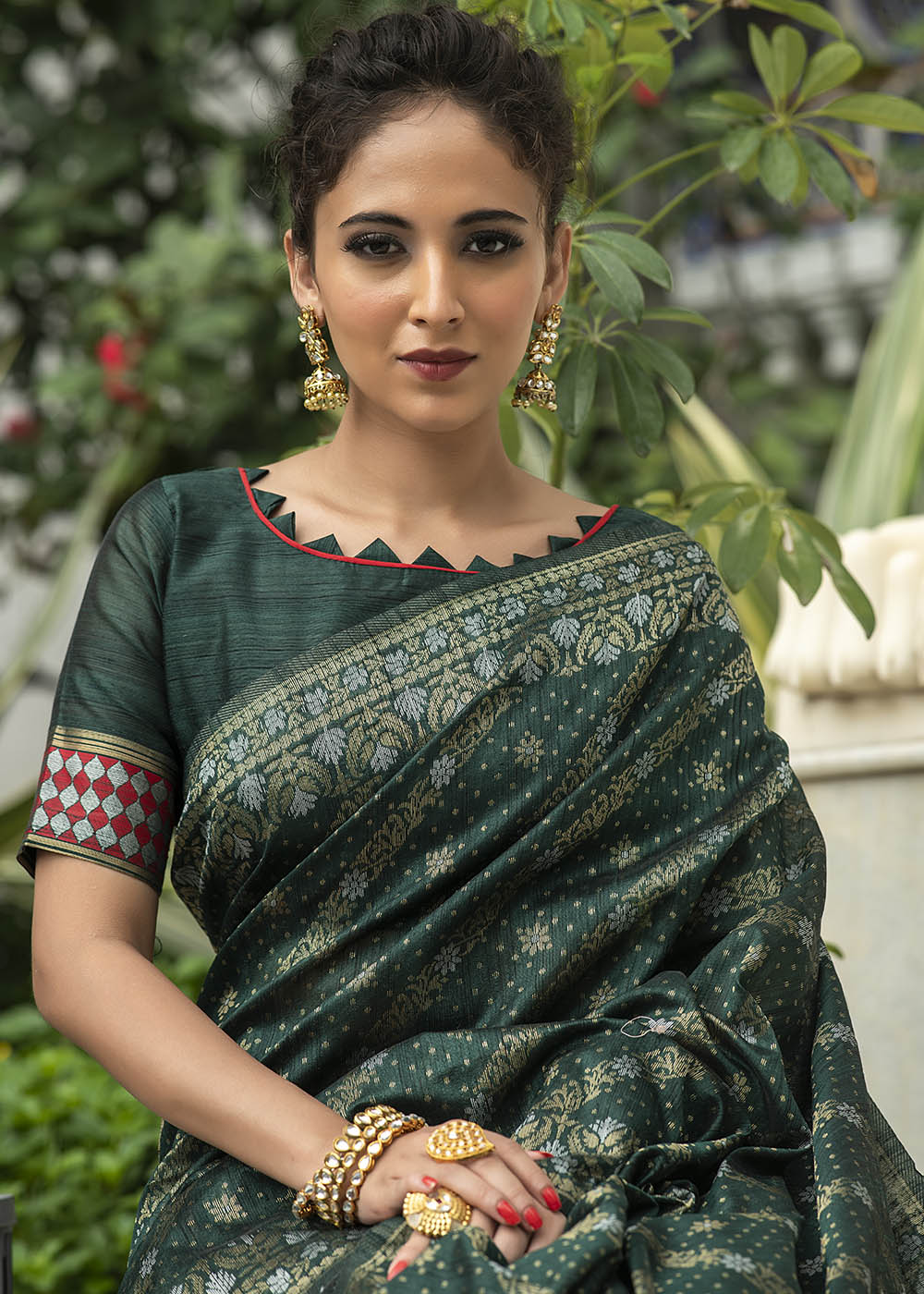Sacramento Green Zari Woven Tussar Silk Saree with Tassels on Pallu - qivii