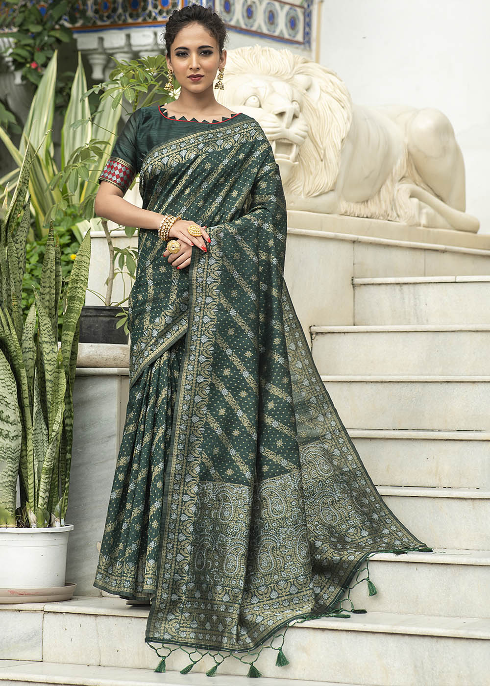 Sacramento Green Zari Woven Tussar Silk Saree with Tassels on Pallu - qivii