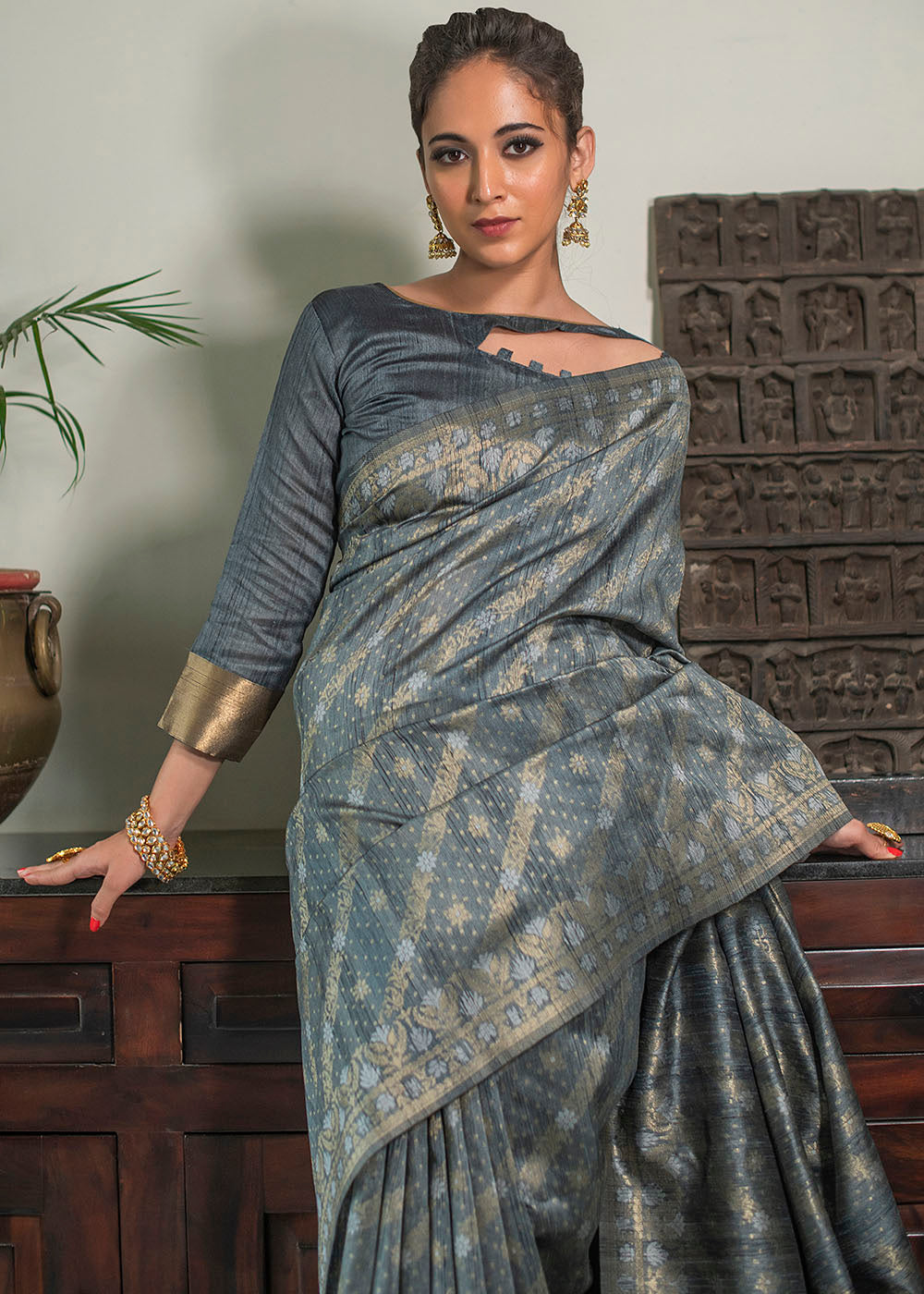 Anchor Grey Zari Woven Tussar Silk Saree with Tassels on Pallu - qivii