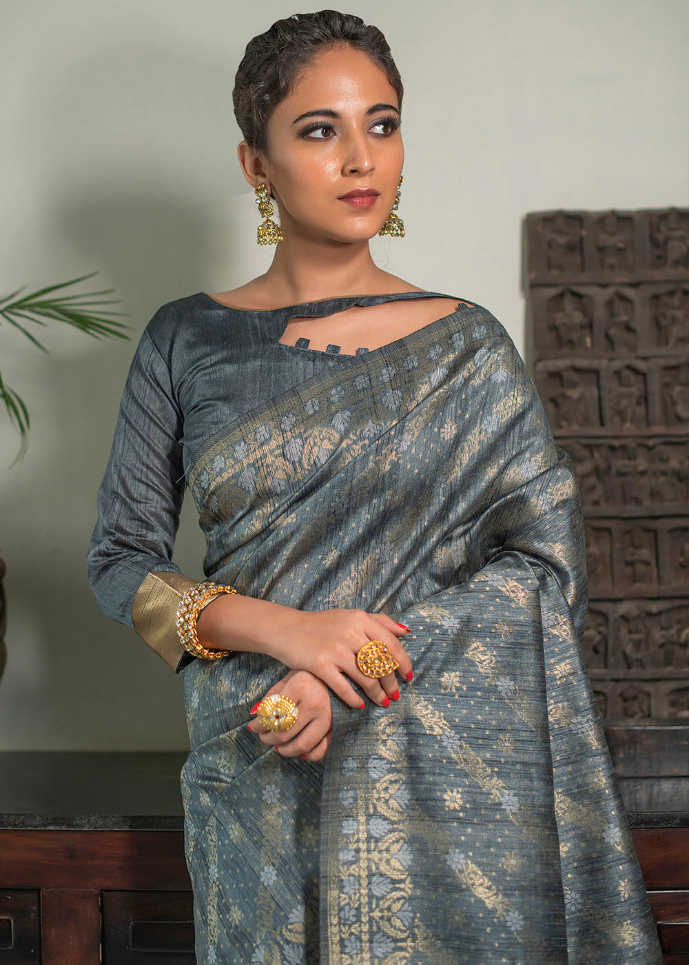 Anchor Grey Zari Woven Tussar Silk Saree with Tassels on Pallu - qivii