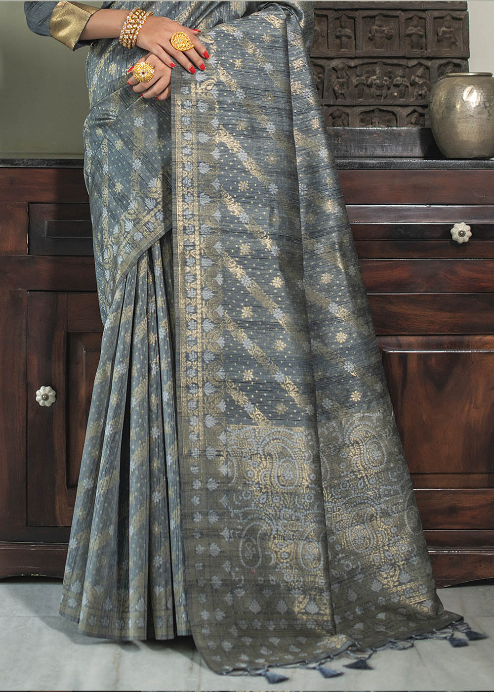 Anchor Grey Zari Woven Tussar Silk Saree with Tassels on Pallu - qivii