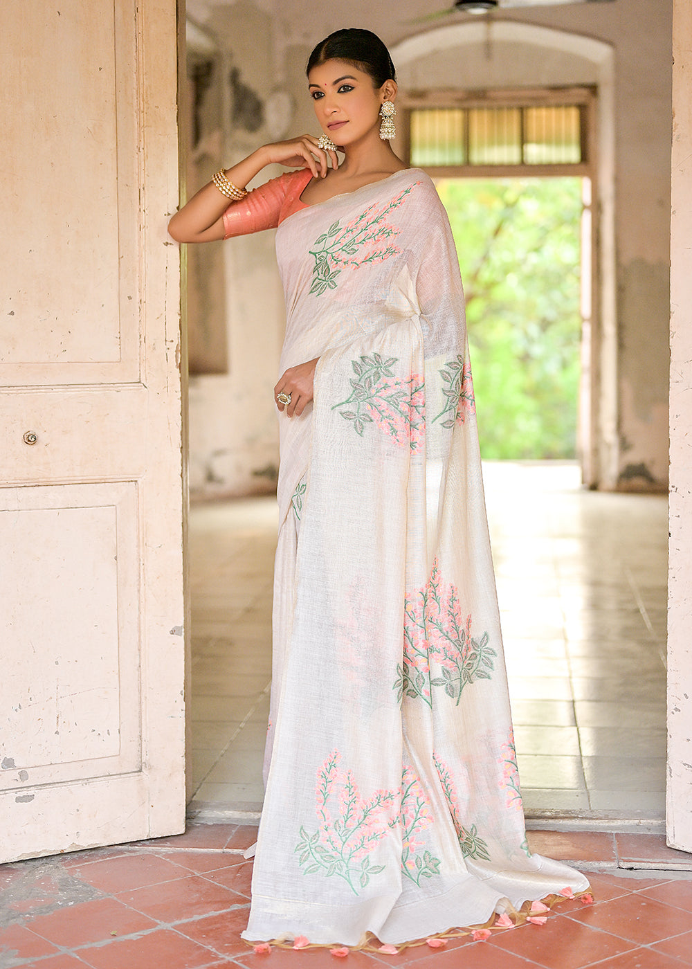 White & Peach Pink Muga Cotton Saree with Woven Pallu & All Over Butti work - qivii