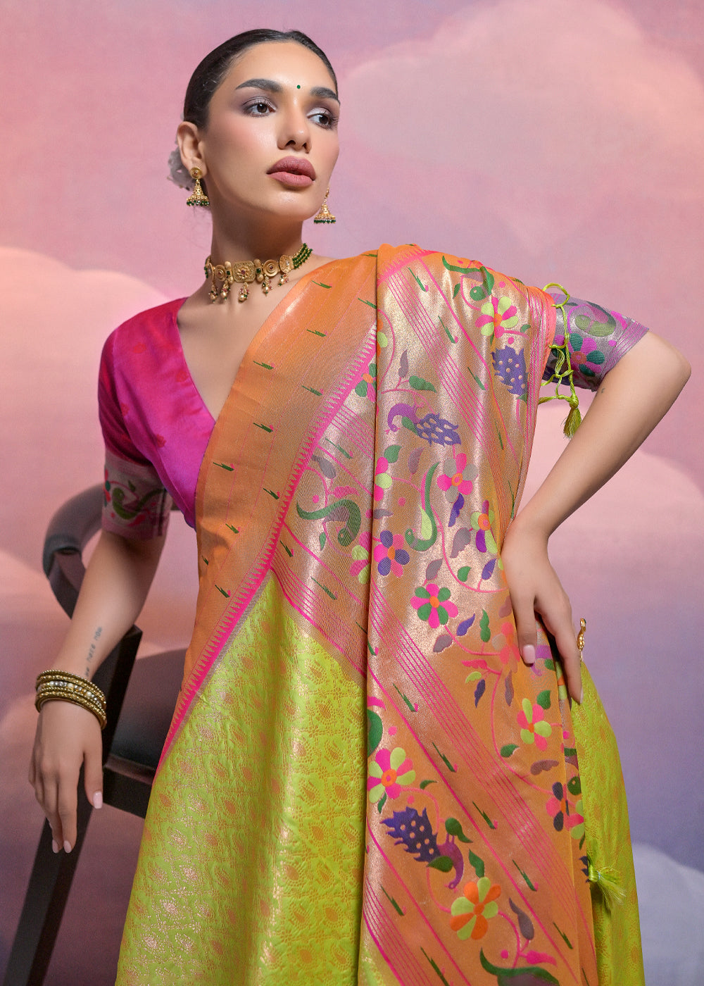 Avocado Green Woven Paithani Silk Saree with Meenakari Zari Woven Border - qivii