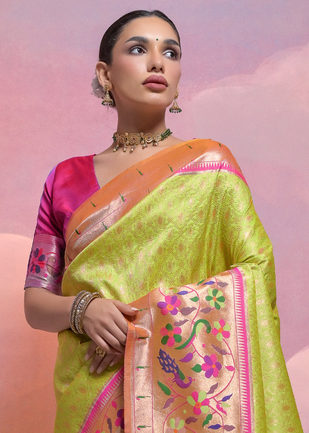 Avocado Green Woven Paithani Silk Saree with Meenakari Zari Woven Border - qivii