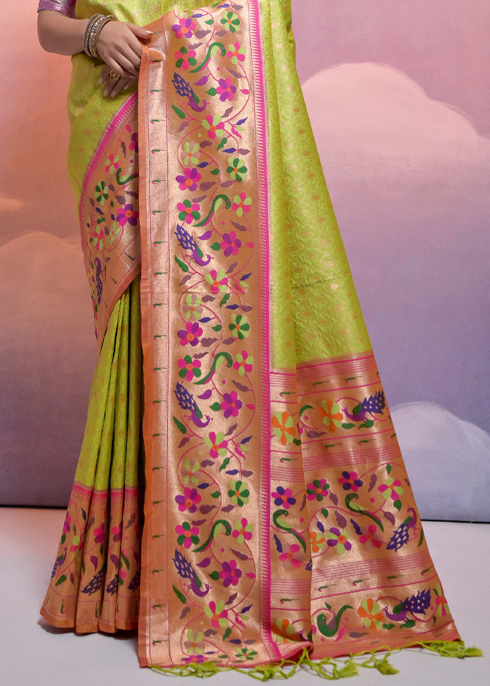 Avocado Green Woven Paithani Silk Saree with Meenakari Zari Woven Border - qivii