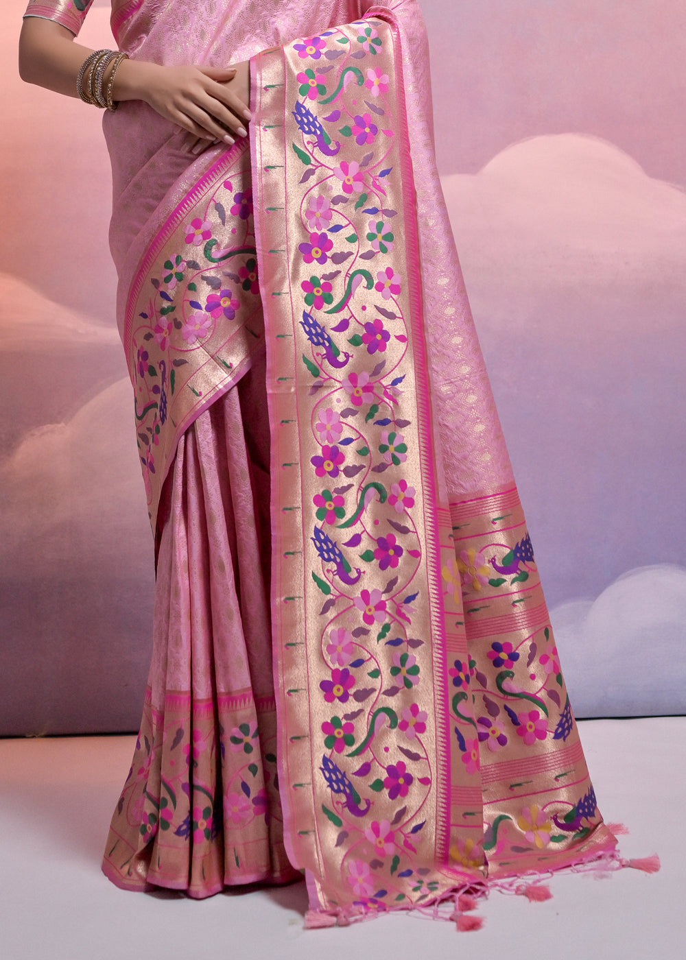 Taffy Pink Woven Paithani Silk Saree with Meenakari Zari Woven Border - qivii