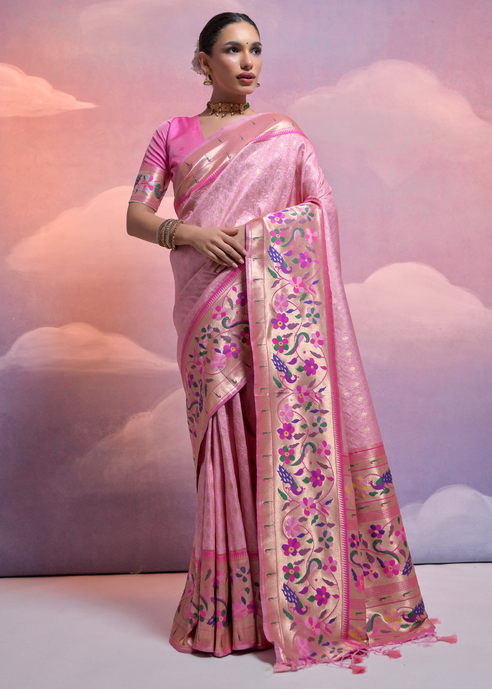 Taffy Pink Woven Paithani Silk Saree with Meenakari Zari Woven Border - qivii