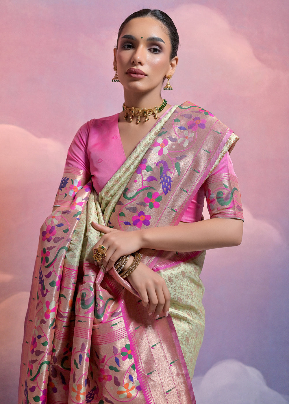 Pista Green Woven Paithani Silk Saree with Meenakari Zari Woven Border - qivii