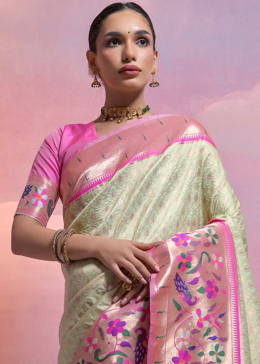 Pista Green Woven Paithani Silk Saree with Meenakari Zari Woven Border - qivii
