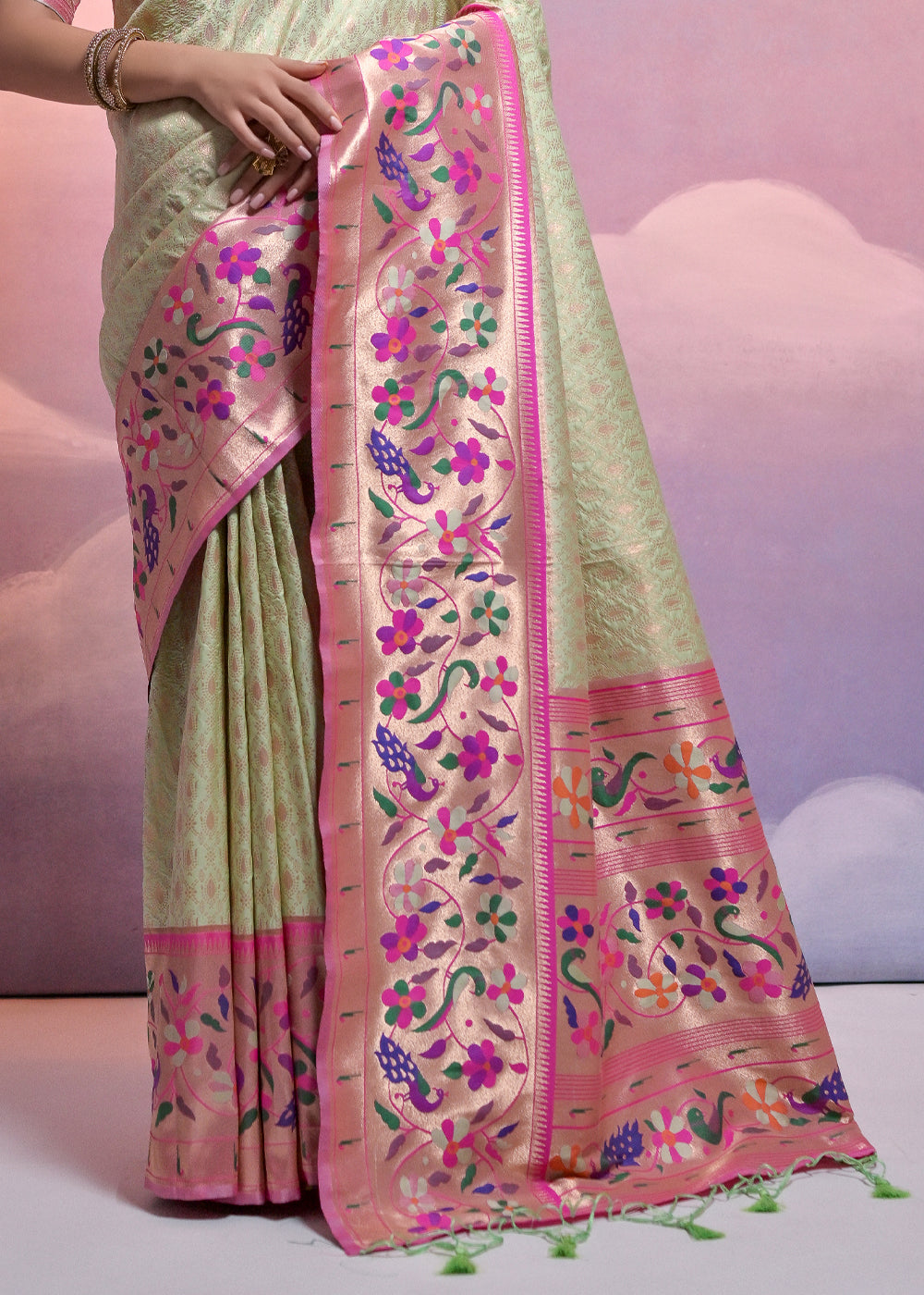Pista Green Woven Paithani Silk Saree with Meenakari Zari Woven Border - qivii