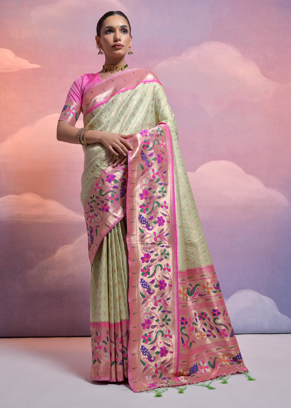 Pista Green Woven Paithani Silk Saree with Meenakari Zari Woven Border - qivii