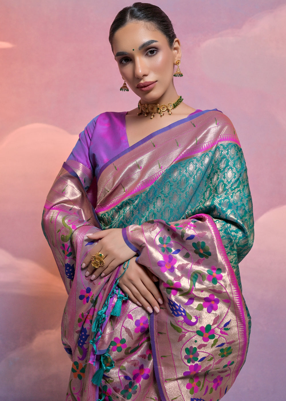 Rama Green Woven Paithani Silk Saree with Meenakari Zari Woven Border - qivii