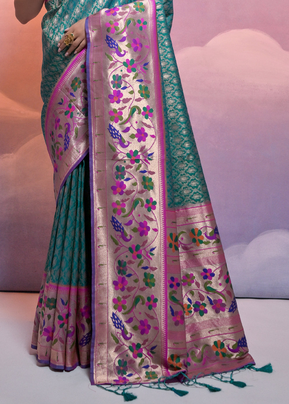 Rama Green Woven Paithani Silk Saree with Meenakari Zari Woven Border - qivii