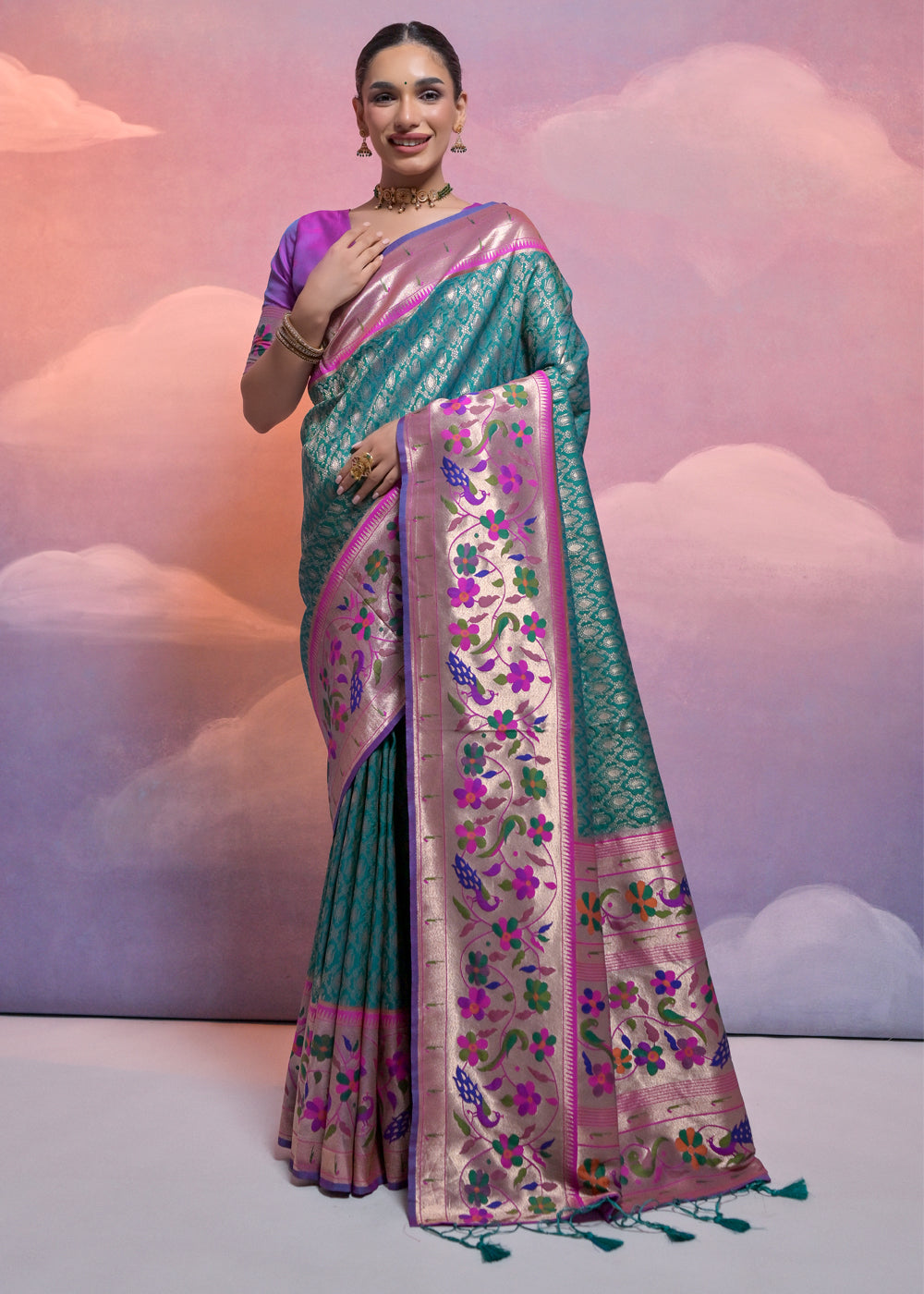 Rama Green Woven Paithani Silk Saree with Meenakari Zari Woven Border - qivii