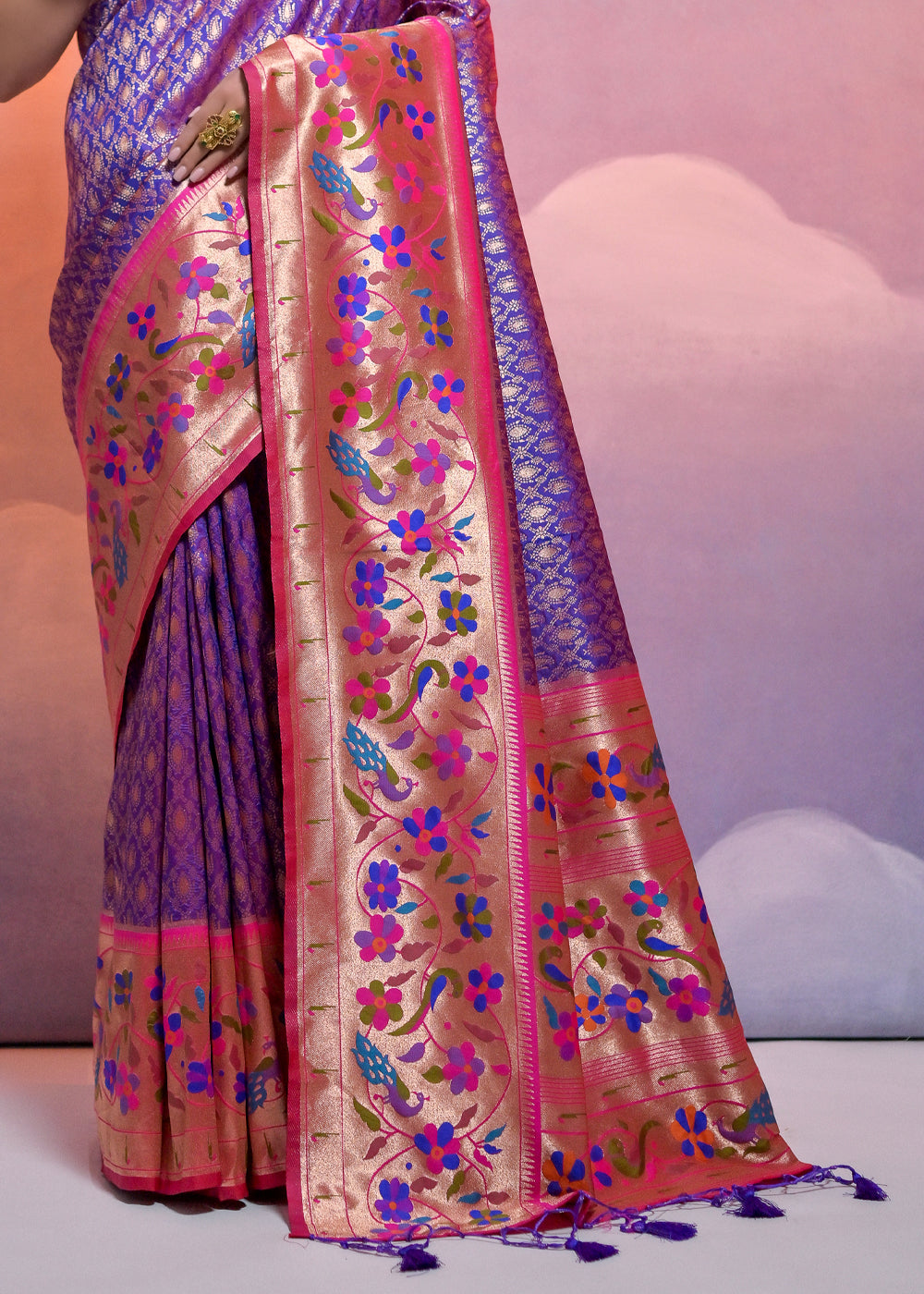Purblish Blue Woven Paithani Silk Saree with Meenakari Zari Woven Border - qivii