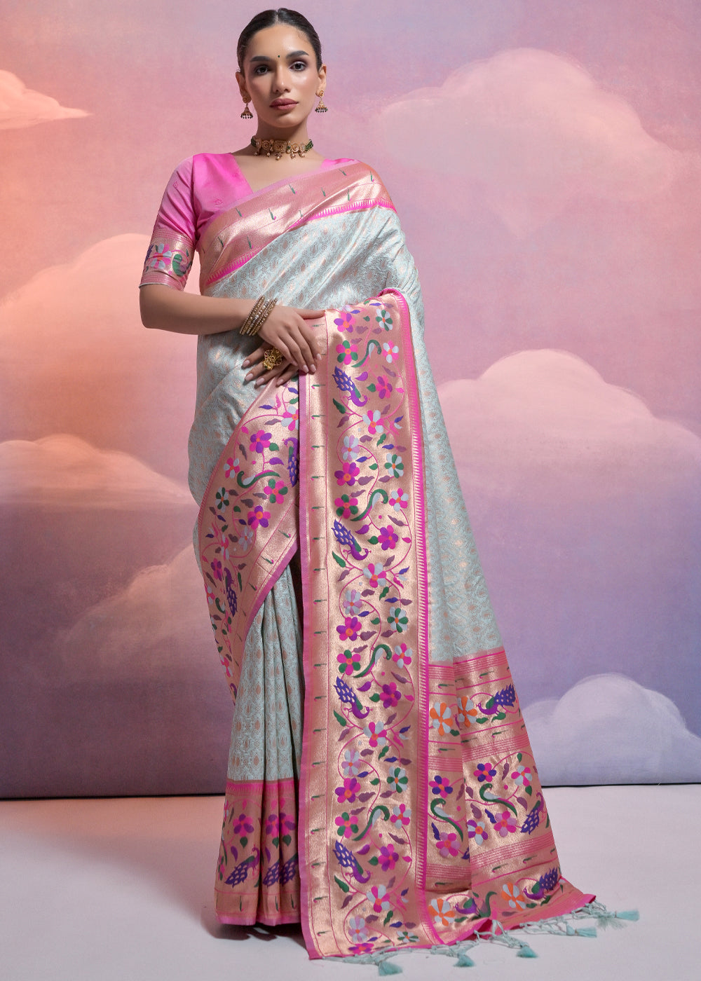 Tea Green Woven Paithani Silk Saree with Meenakari Zari Woven Border - qivii