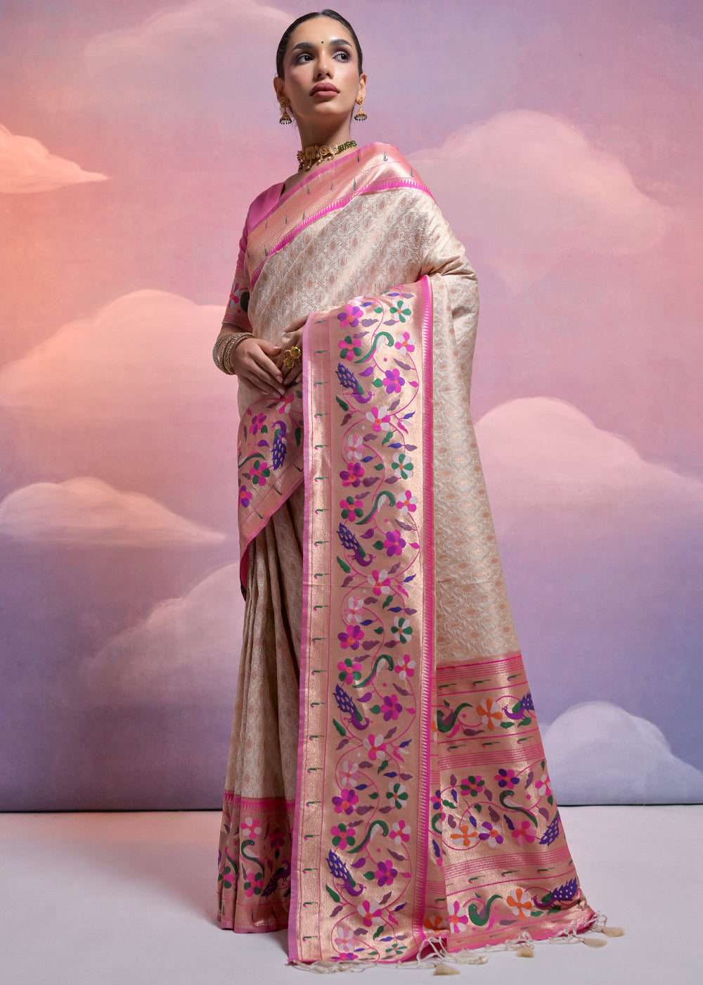 Pearl White Woven Paithani Silk Saree with Meenakari Zari Woven Border - qivii
