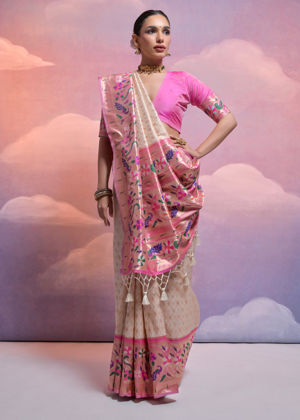 Pearl White Woven Paithani Silk Saree with Meenakari Zari Woven Border - qivii