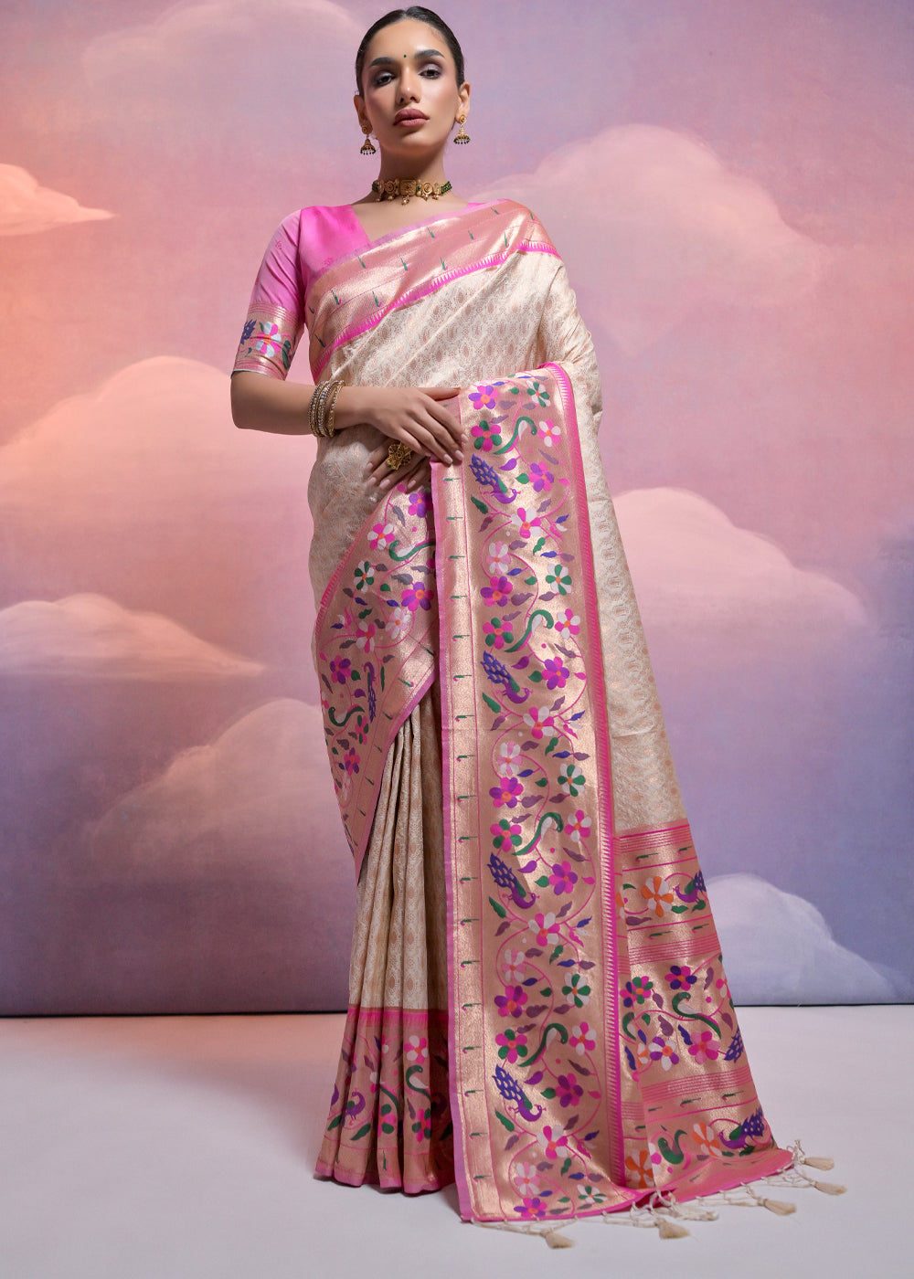 Pearl White Woven Paithani Silk Saree with Meenakari Zari Woven Border - qivii
