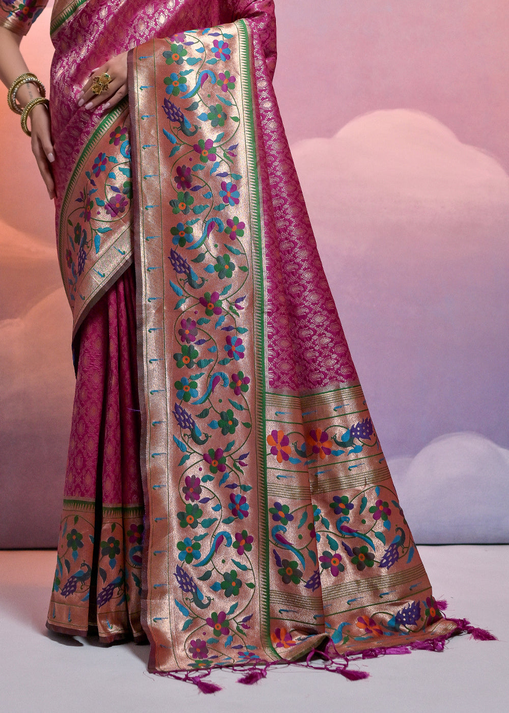 Tyrian Purple Woven Paithani Silk Saree with Meenakari Zari Woven Border - qivii