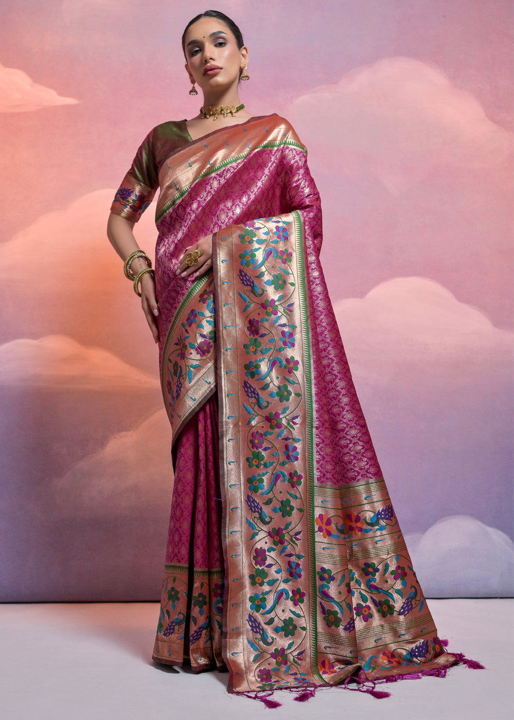 Tyrian Purple Woven Paithani Silk Saree with Meenakari Zari Woven Border - qivii