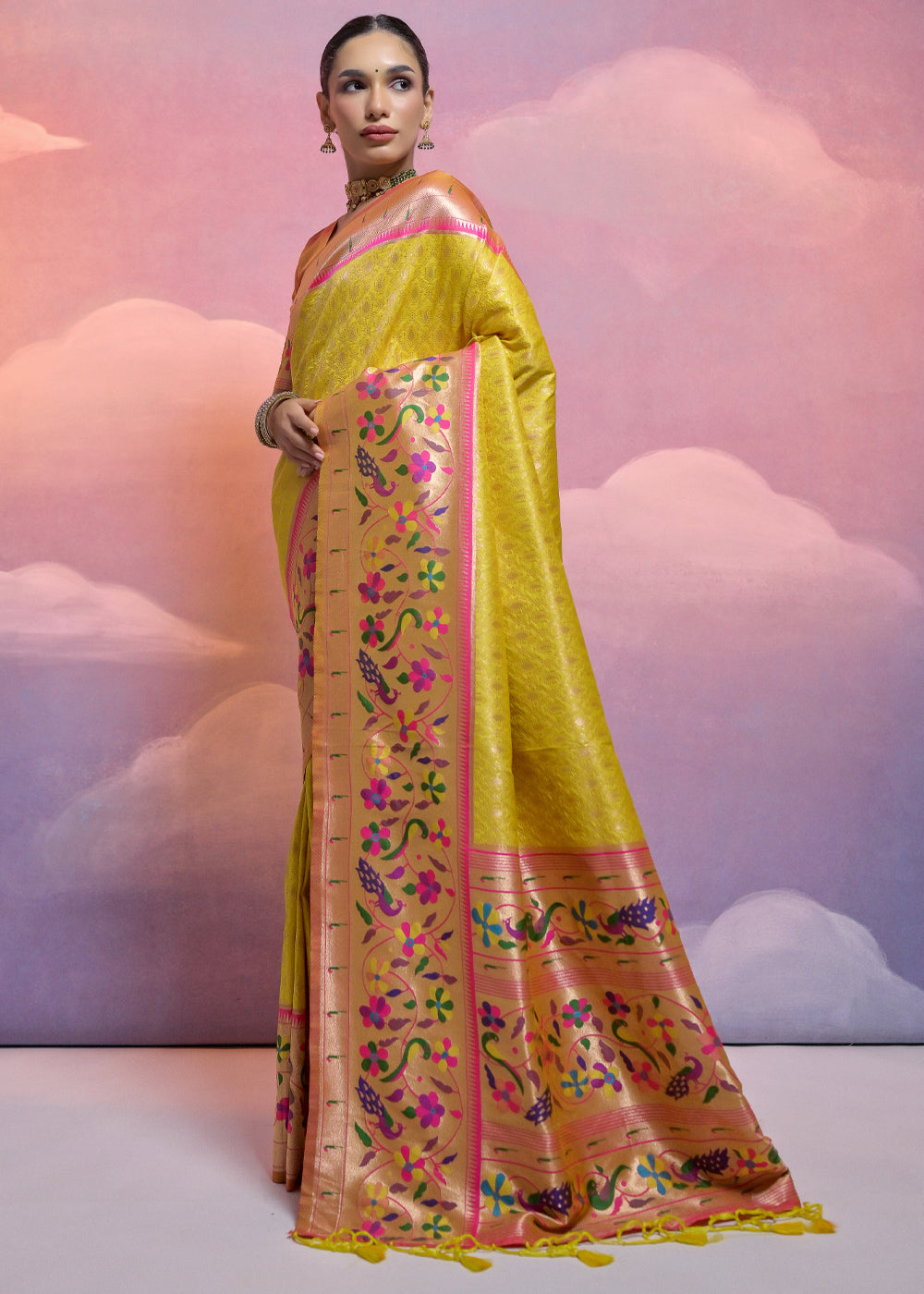 Sunray Yellow Woven Paithani Silk Saree with Meenakari Zari Woven Border - qivii