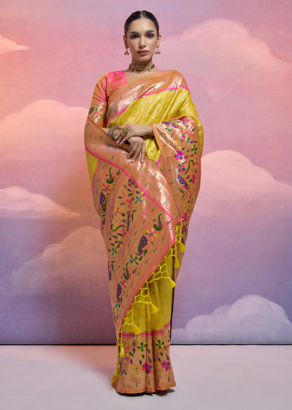 Sunray Yellow Woven Paithani Silk Saree with Meenakari Zari Woven Border - qivii