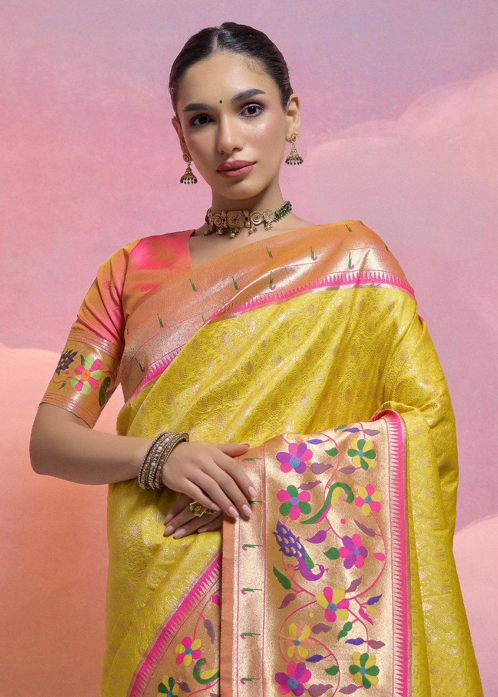 Sunray Yellow Woven Paithani Silk Saree with Meenakari Zari Woven Border - qivii
